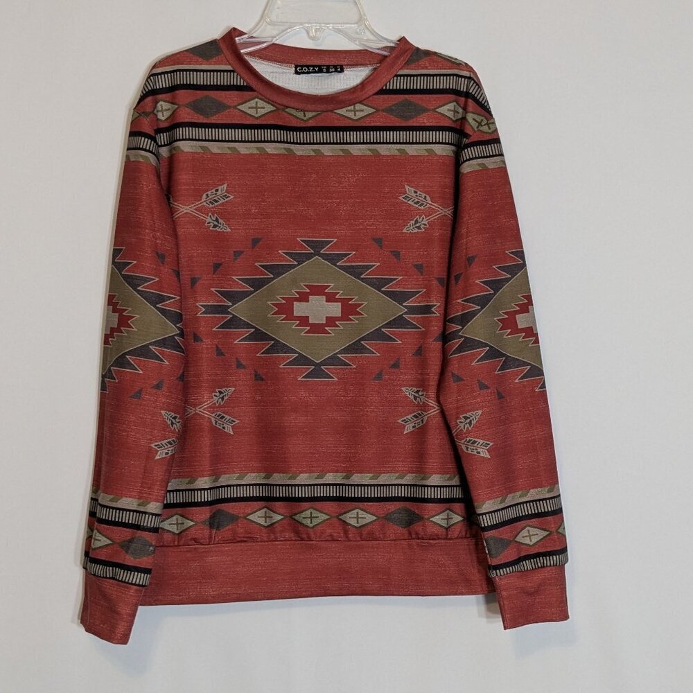 C.O.Z.Y. Rust Brown Aztec Pattern Long Sleeve Fleece Pullover Top; Size S